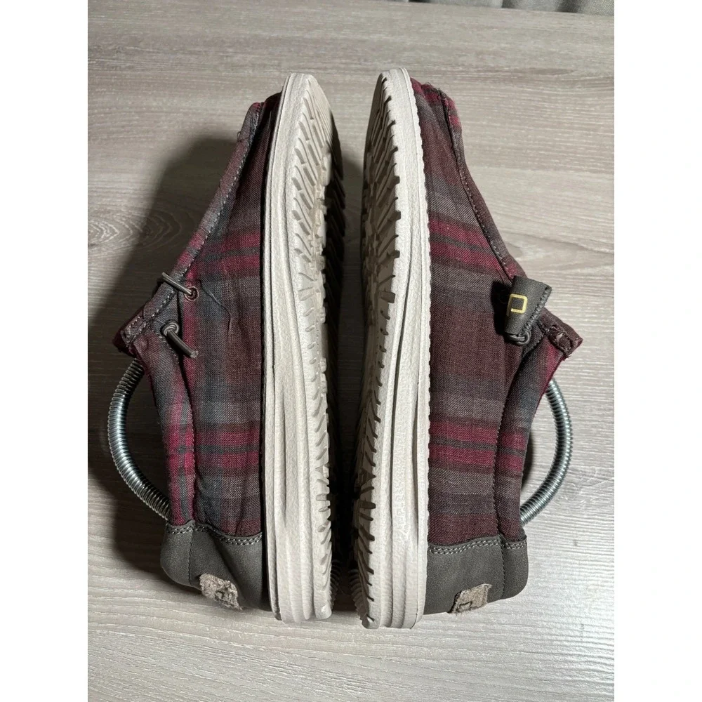 Hey Dude Mens 9 Wally Funk Wool Collection Plaid Burgundy Grey Loafers Casual